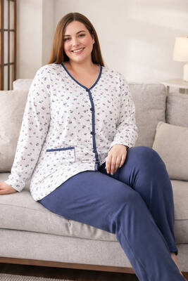 Tesmay - Büyük Beden Önü Düğmeli Kadın Uzun Kol Kroşetalı Pamuklu Pijama Takımı 250654 Beyaz06 (1)
