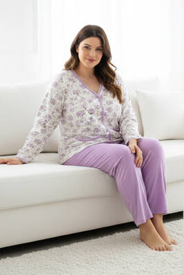 Aydoğan - Büyük Beden Önü Düğmeli Kadın Uzun Kol Kroşetalı Pamuklu Pijama Takımı 250678 Beyaz02