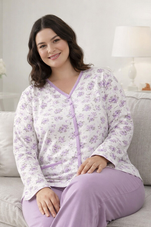 Büyük Beden Önü Düğmeli Kadın Uzun Kol Kroşetalı Pamuklu Pijama Takımı 250678 Beyaz02 - Thumbnail