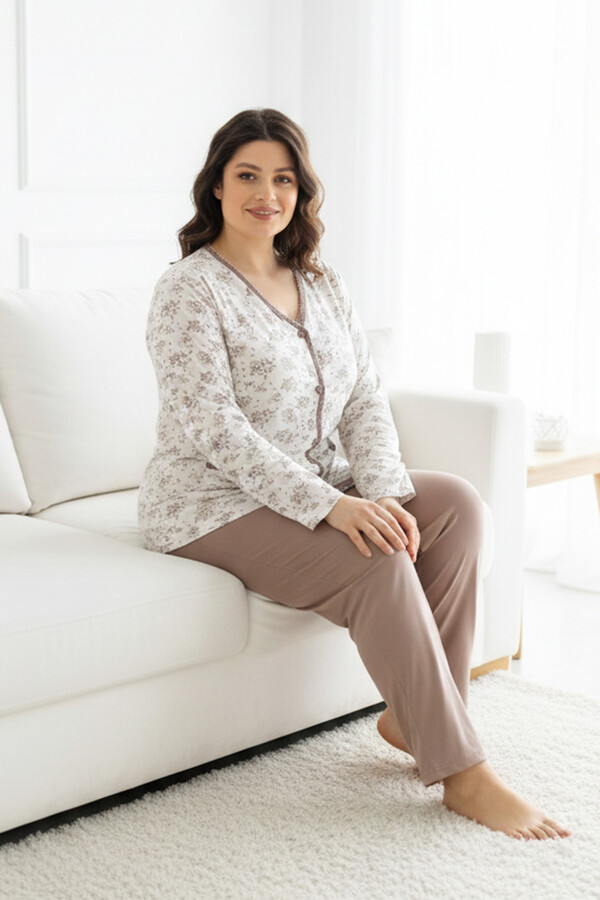 Büyük Beden Önü Düğmeli Kadın Uzun Kol Kroşetalı Pamuklu Pijama Takımı 250691 Beyaz04 - Thumbnail