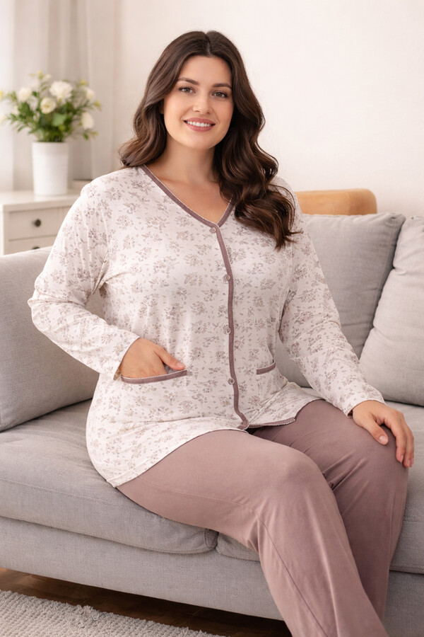 Büyük Beden Önü Düğmeli Kadın Uzun Kol Kroşetalı Pamuklu Pijama Takımı 250691 Beyaz04 - Thumbnail