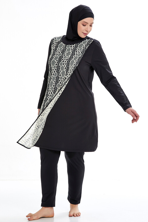 Büyük Beden Önü Tül Kapak Pareolu Tesettür Mayo Adasea 4377 Siyah - Thumbnail