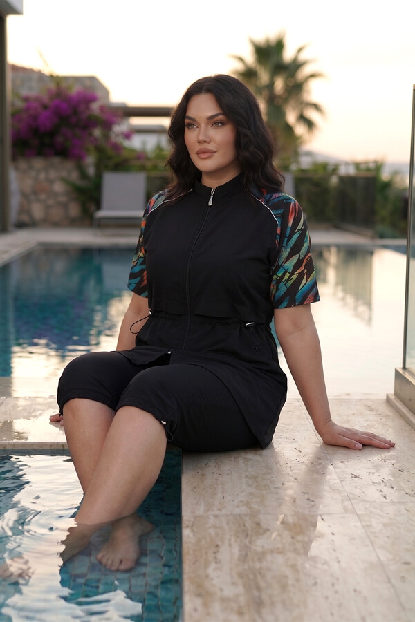 Büyük Beden Spor Likra Kısa Kollu Yarı Kapalı Mayo 3418 Siyah - Thumbnail