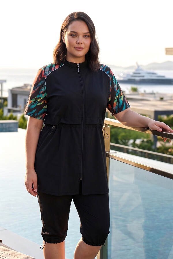 Büyük Beden Spor Likra Kısa Kollu Yarı Kapalı Mayo 3418 Siyah - Thumbnail