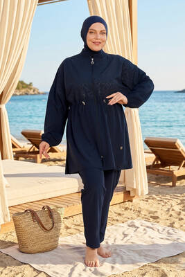 Haliç Mayo - Büyük Beden Spor Likra Tam Kapalı Tesettür Mayo 6291 Koyu Lacivert
