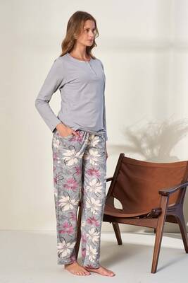 Remsa - Büyük Beden Suprem Kadın Penye Uzun Kol Pijama Takımı 3134 Gri02 (1)