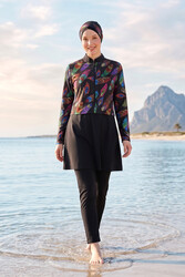 Haliç Mayo - Büyük Beden Tüy Desenli Tam Kapalı Tesettür Mayo 15 Siyah04