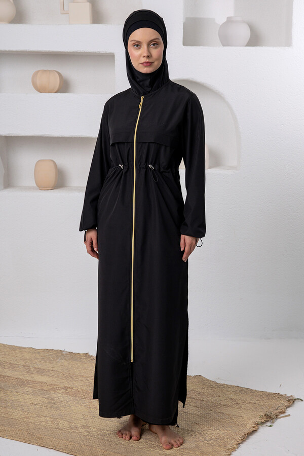 Büyük Beden UV Korumalı Tam Boy Tam Kapalı Uzun Tesettür Mayo 1505-1 Siyah02 - Thumbnail