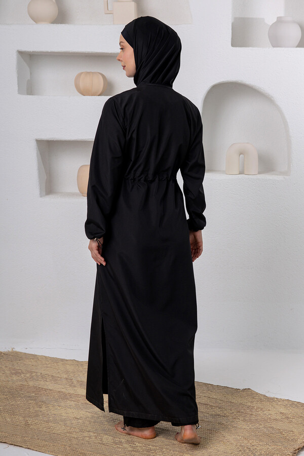 Büyük Beden UV Korumalı Tam Boy Tam Kapalı Uzun Tesettür Mayo 1505-1 Siyah02 - Thumbnail