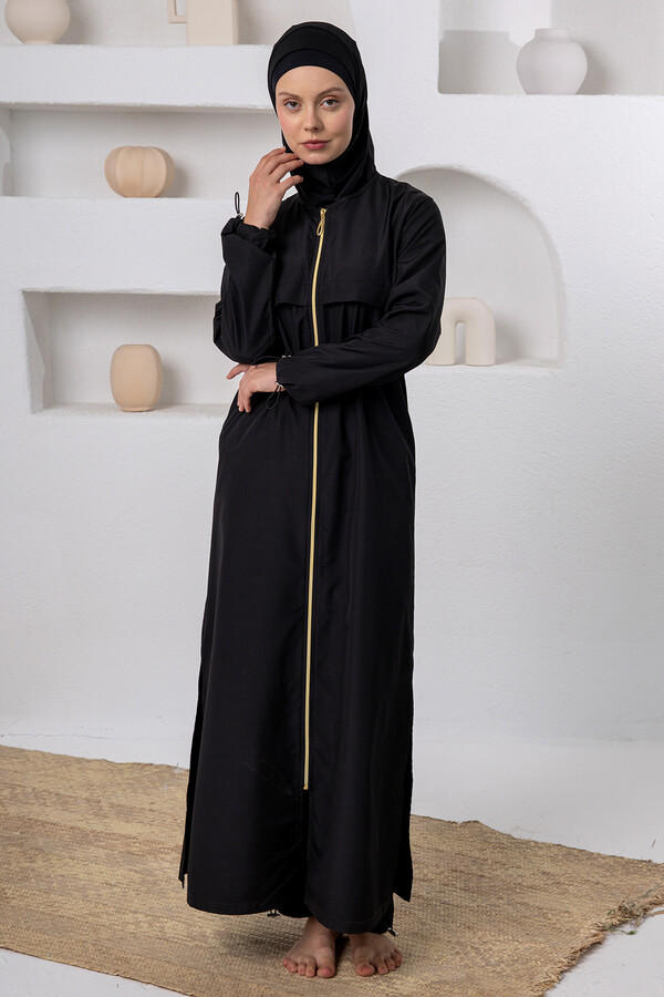 Büyük Beden UV Korumalı Tam Boy Tam Kapalı Uzun Tesettür Mayo 1505-1 Siyah02 - Thumbnail
