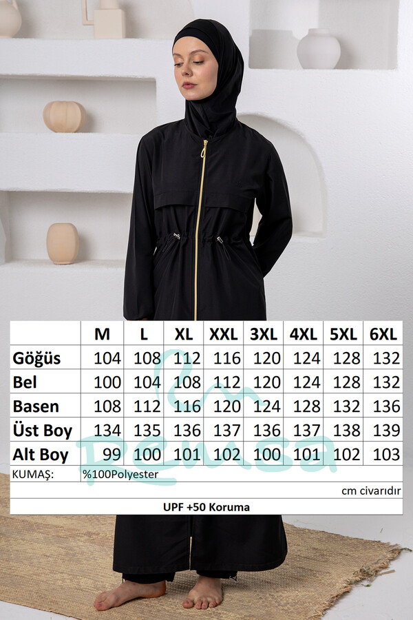 Büyük Beden UV Korumalı Tam Boy Tam Kapalı Uzun Tesettür Mayo 1505-1 Siyah02 - Thumbnail