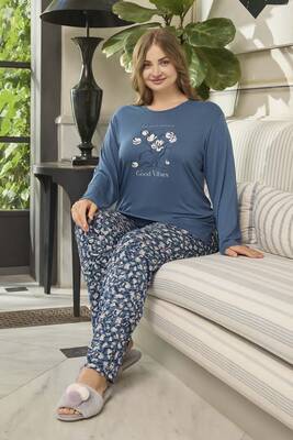 Aydoğan - Büyük Beden Viskon Kadın Uzun Kol Pijama Takımı 240660 Mavi (1)