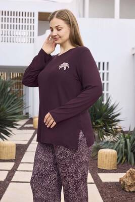 Aydoğan - Büyük Beden Viskon Kadın Uzun Kol Pijama Takımı 250497 Mürdüm03