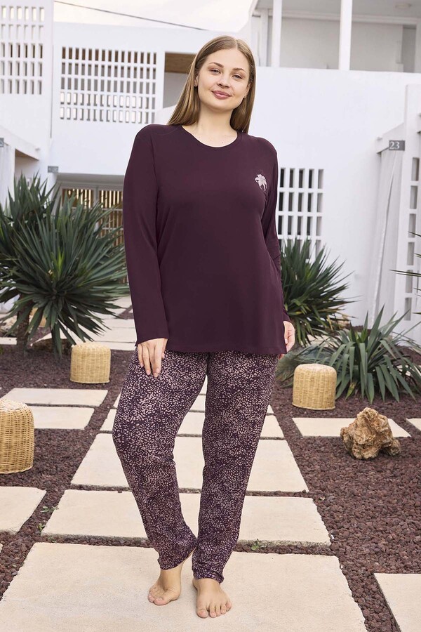 Büyük Beden Viskon Kadın Uzun Kol Pijama Takımı 250497 Mürdüm03 - Thumbnail
