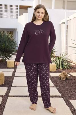 Aydoğan - Büyük Beden Viskon Kadın Uzun Kol Pijama Takımı 250498 Mürdüm02