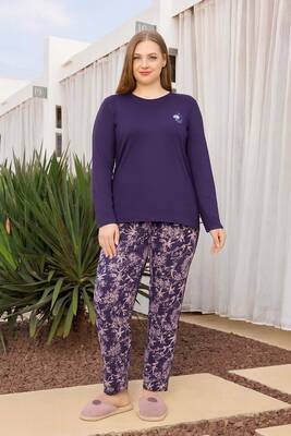 Aydoğan - Büyük Beden Viskon Kadın Yazılı Uzun Kol Pijama Takımı 250499 Mor01
