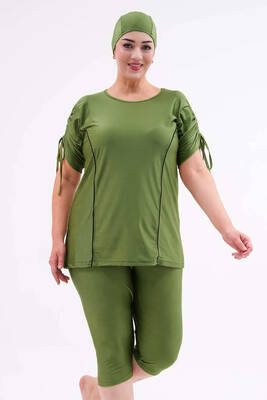 Remsa - Büyük Beden Yarı Kapalı Tesettür Mayo Kol Detaylı 2311 Aysu Yeşil