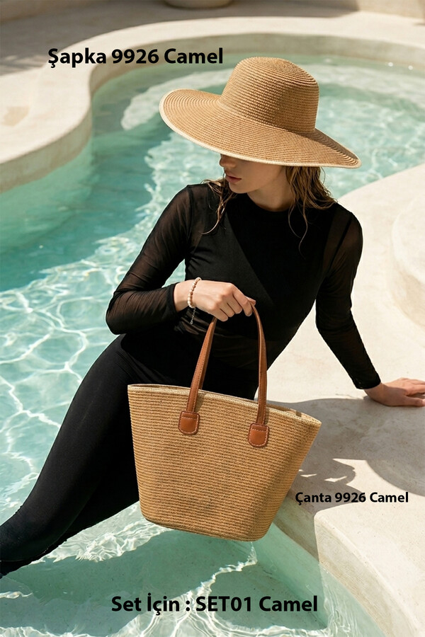Camel Woven Beach Tote Bag with Trim Details - Thumbnail
