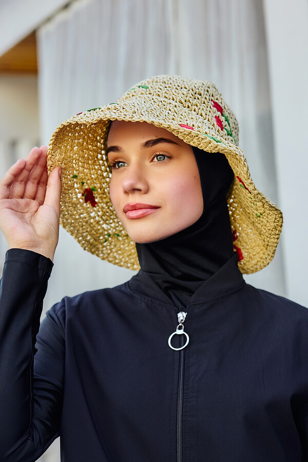 Cherry Detailed Hand-Woven Straw Hat Beach Accessory - Thumbnail