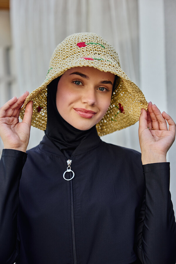 Cherry Detailed Hand-Woven Straw Hat Beach Accessory - Thumbnail