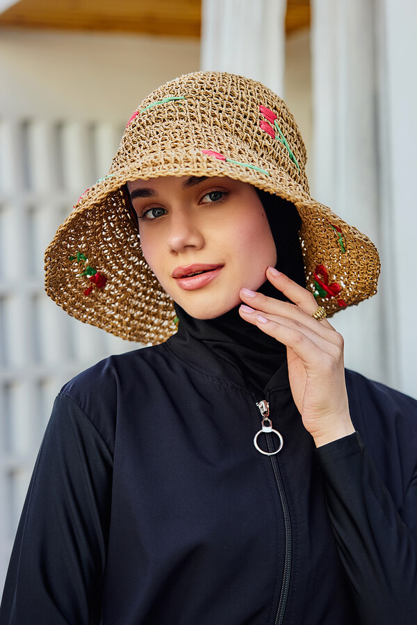 Cherry Detailed Hand-Woven Straw Hat Accessory RS- Camel - Thumbnail