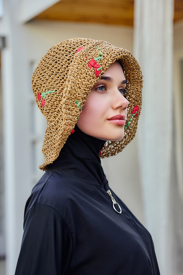 Cherry Detailed Hand-Woven Straw Hat Accessory RS- Camel - Thumbnail