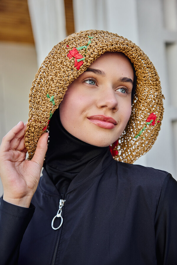 Cherry Detailed Hand-Woven Straw Hat Accessory RS- Camel - Thumbnail