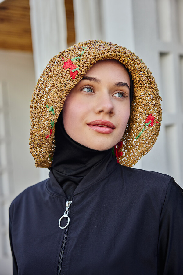 Cherry Detailed Hand-Woven Straw Hat Accessory RS- Camel - Thumbnail