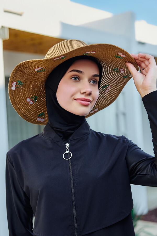 Cherry Embroidered Straw Hat Beach Accessory - Thumbnail