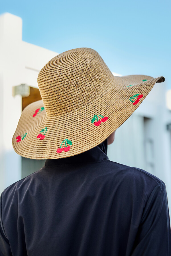 Cherry Embroidered Straw Hat Beach Accessory - Thumbnail