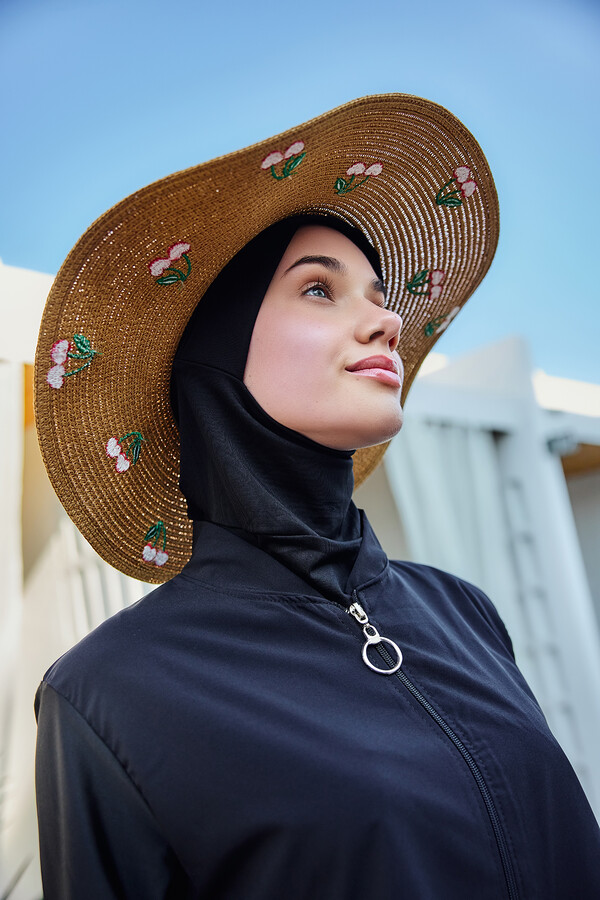 Cherry Embroidered Straw Hat Beach Accessory - Thumbnail