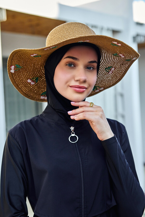 Cherry Embroidered Straw Hat Beach Accessory - Thumbnail