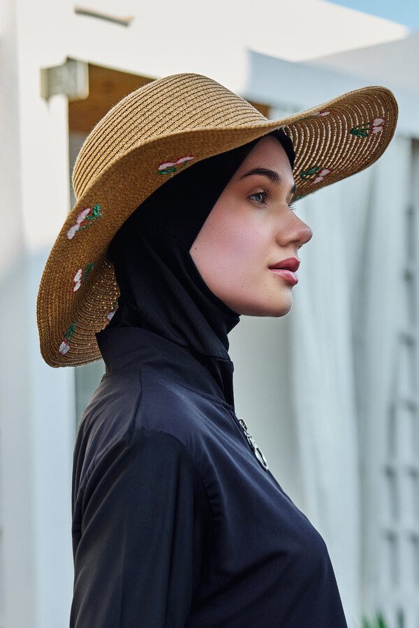 Cherry Embroidered Straw Hat Beach Accessory - Thumbnail
