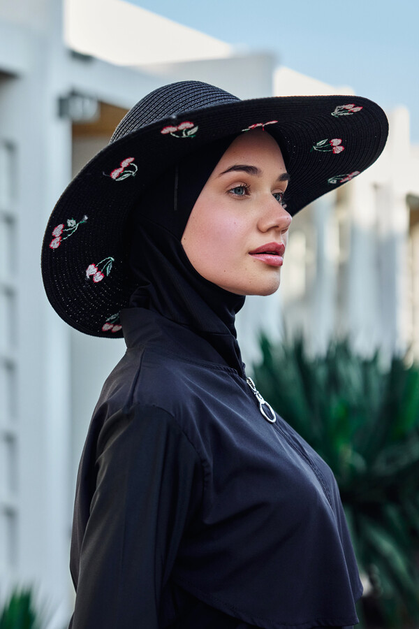 Cherry Embroidered Straw Hat Beach Accessory - Thumbnail