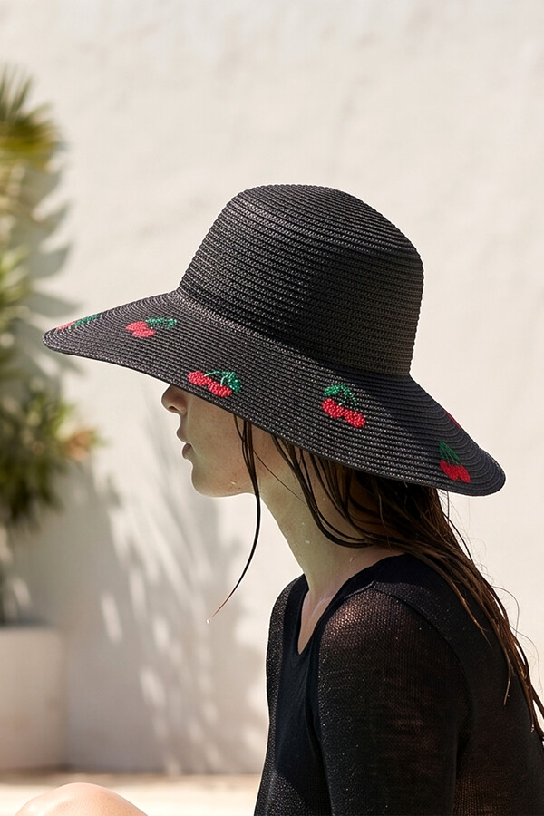 Cherry Embroidered Straw Hat Beach Accessory - Thumbnail