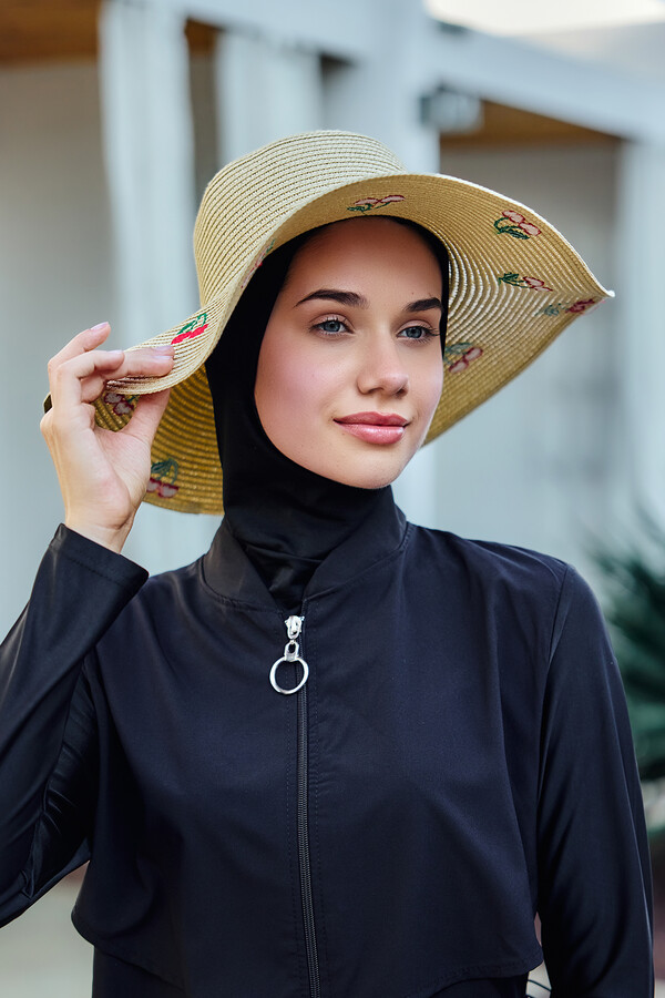 Cherry Embroidered Straw Hat Beach Accessory - Thumbnail
