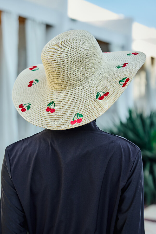 Cherry Embroidered Straw Hat Beach Accessory - Thumbnail