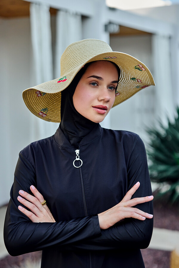 Cherry Embroidered Straw Hat Beach Accessory - Thumbnail