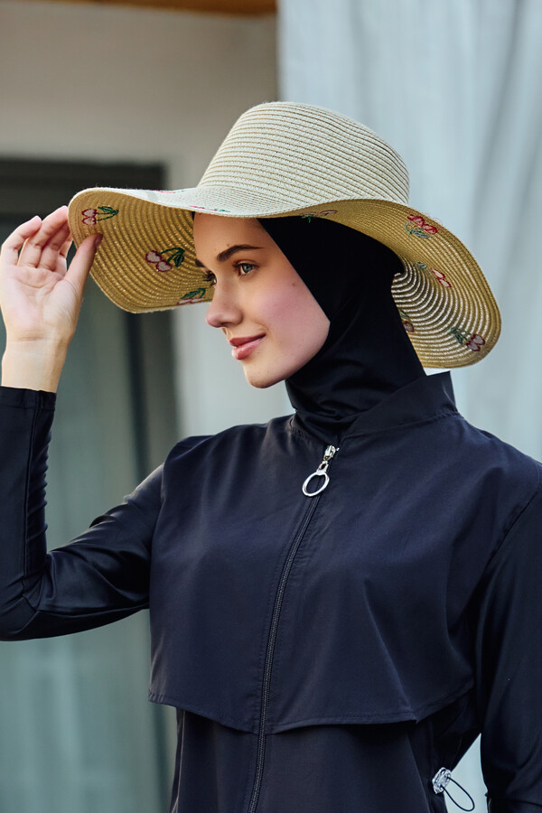 Cherry Embroidered Straw Hat Beach Accessory - Thumbnail