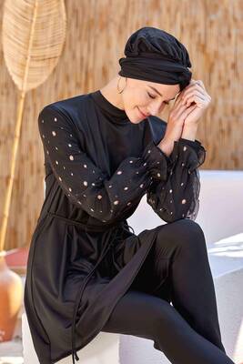 Adasea - Chiffon Sleeve Detailed Lycra Full Covered Swimwear Beta 4557 Black