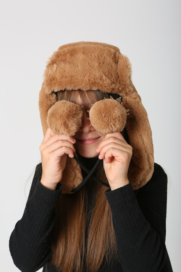 Children's Fur Eared Plush Hat RKŞ-Ç-04 Camel - Thumbnail