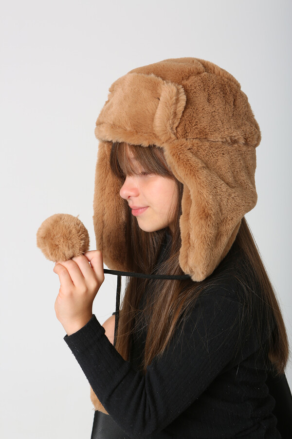 Children's Fur Eared Plush Hat RKŞ-Ç-04 Camel - Thumbnail