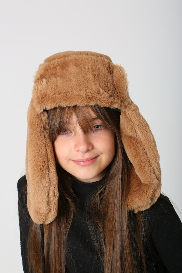 Children's Fur Eared Plush Hat RKŞ-Ç-04 Camel - Thumbnail
