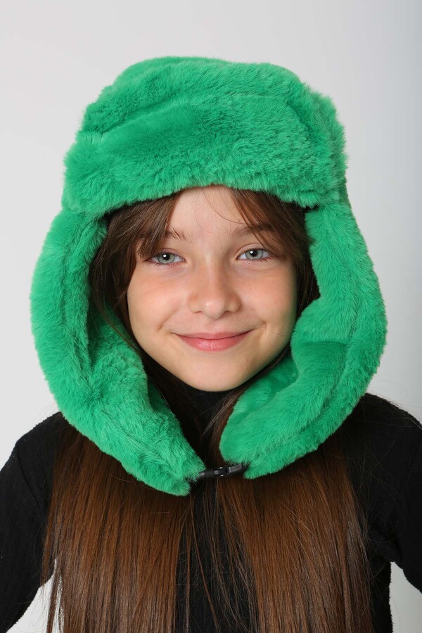 Children's Snapped Fur-Eared Plush Beanie Hat RKŞ-Ç-03 Benetton - Thumbnail