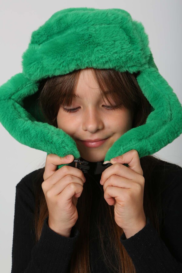 Children's Snapped Fur-Eared Plush Beanie Hat RKŞ-Ç-03 Benetton - Thumbnail