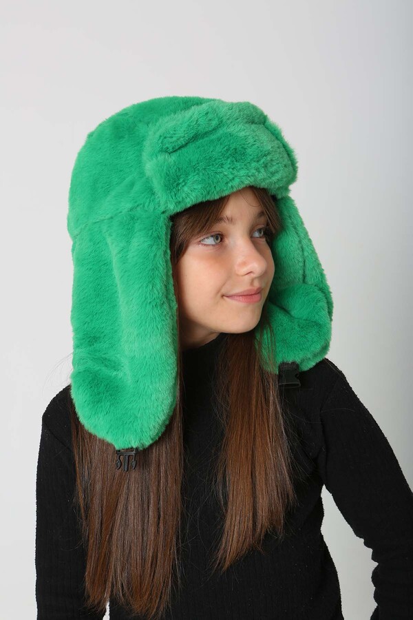 Children's Snapped Fur-Eared Plush Beanie Hat RKŞ-Ç-03 Benetton - Thumbnail