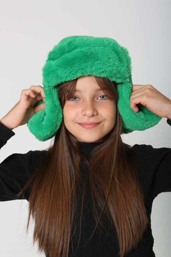 Children's Snapped Fur-Eared Plush Beanie Hat RKŞ-Ç-03 Benetton - Thumbnail