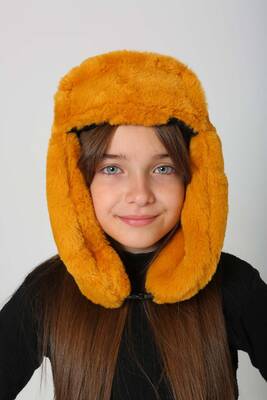 Remsa - Children's Snapped Fur-Eared Plush Beanie Hat RKŞ-Ç-03 Mustard