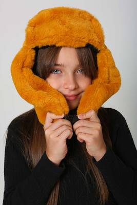 Remsa - Children's Snapped Fur-Eared Plush Beanie Hat RKŞ-Ç-03 Mustard (1)