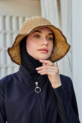 Remsa - Çiçek Detaylı El Örgü Hasır Şapka RŞ-84 Camel (1)